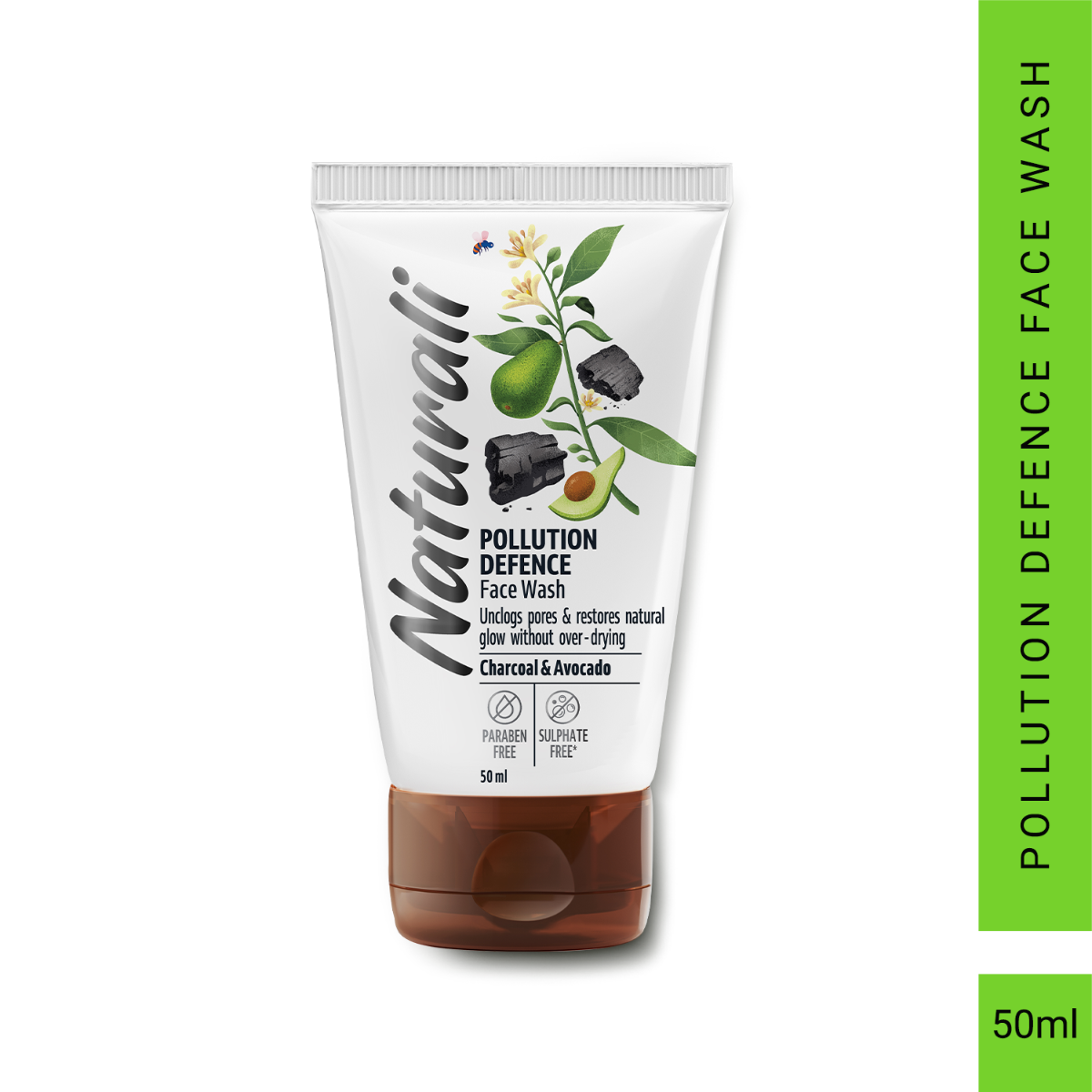 Naturali Pollution Defence Face Wash 50Ml With Charcoal & Avocado Protects Skin From Pollution And Restores Natural Glow