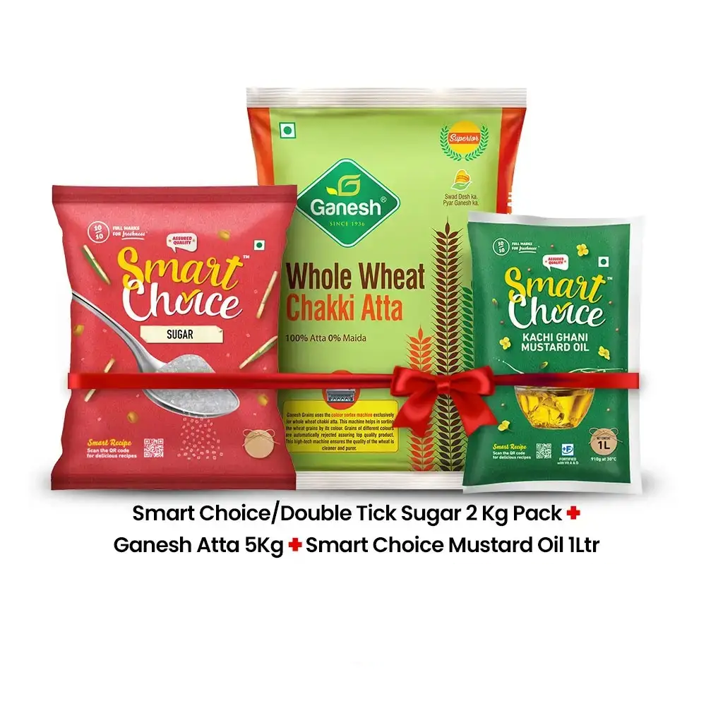 Ganesh Atta 5Kg+Smart Choice Mustard Oil 1Ltr+ Smart Choice/Double Tick Sugar 2 Kg Pack